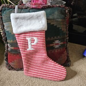 NWT. Holiday Home Red and White Houndstooth Monogram Letter Stocking - P